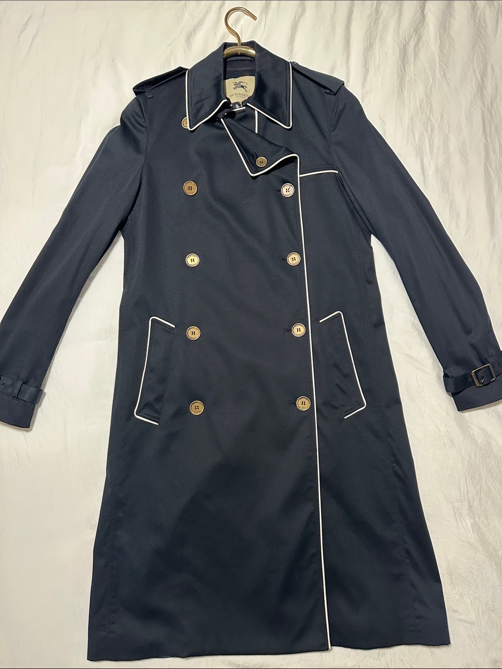 Authentic Burberry Black Trench Coat with Jacquard EKD Lining Size 8